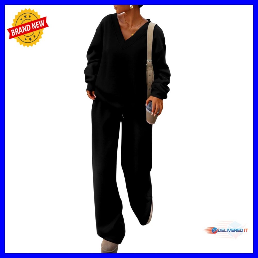 V-Neck Sweatshirt & Wide Leg Pants Set, Cotton Blend, Sizes S-Xxl